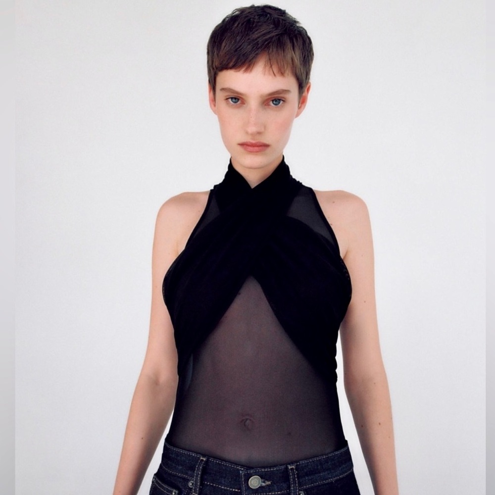 Zara Black Sheer Halter Bodysuit Size Large